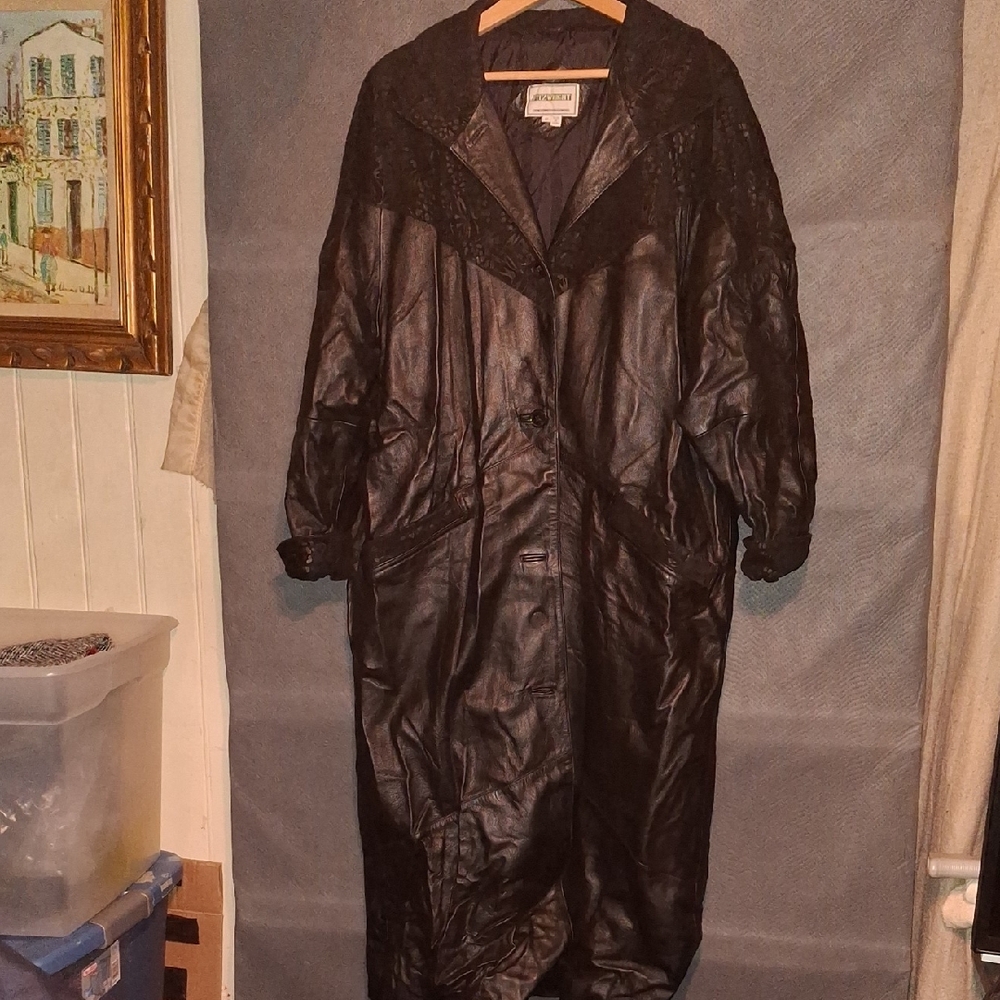 Women's Black Leather Coat - Picture 1 of 5